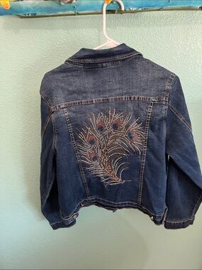 White Mark Dark Blue Denim Jean Jacket peacock feather art